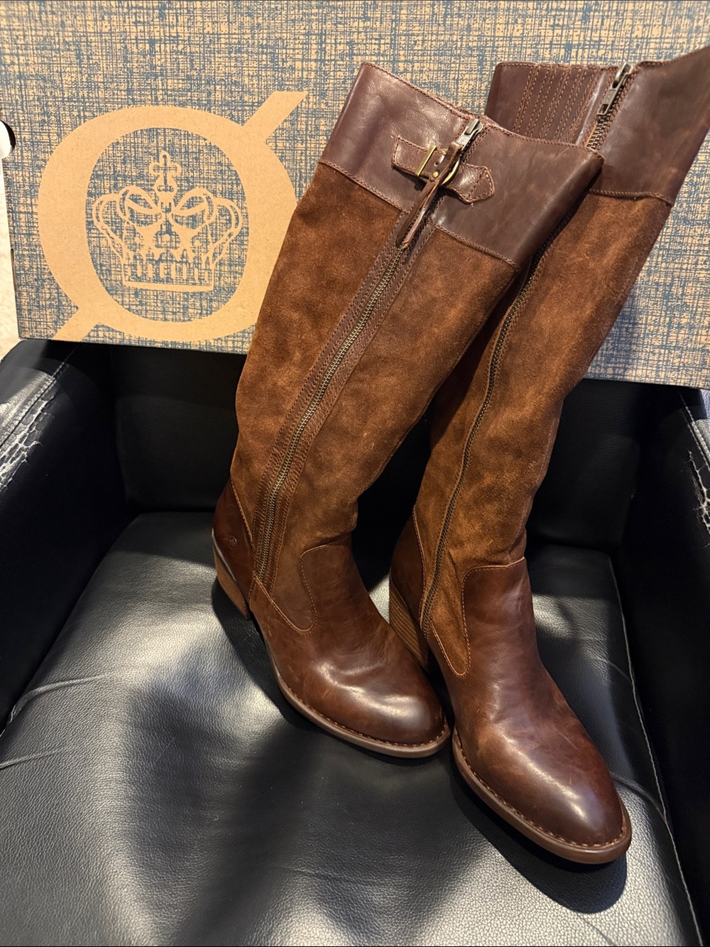 Born Brown Leather and Suede Knee-High Heeled Boots